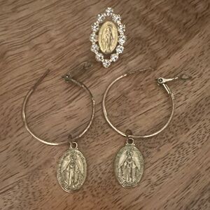 Large Vintage Mary Mother Hoop Earrings and Rhinestone Pin Set